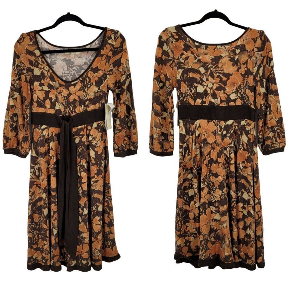 Vintage Wool Angora‎ Long Puff Sleeve Tea Length Dress M Retro 70s Brown Floral